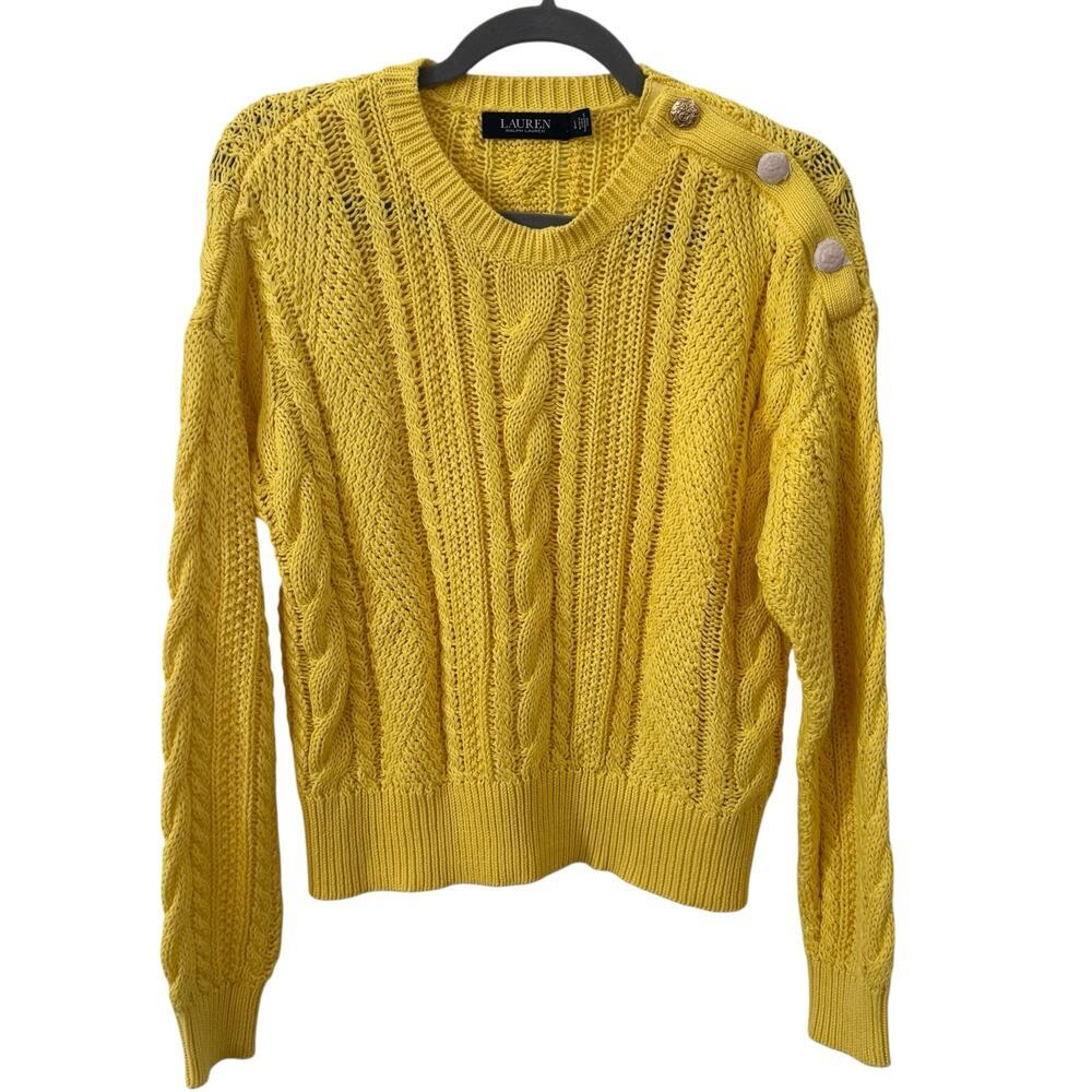 NWOT Ralph Lauren Black Label Aran-Knit Cotton Sweater in "Sunfish Yellow" Sz L - Picture 4 of 10